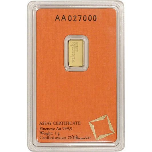 1 Gramm Goldbarren - Valcambi Suisse - 999.9 Fein in versiegelter Assay-Verpackung