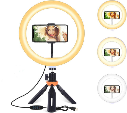 10" LED-Ringlicht, Selfie-Ringlicht mit Stativ und Handyhalterung, 11 Helligkeitsstufen (Generalüberholt)