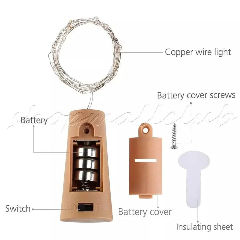 10er-Pack: Weinflaschen-Lichterkette mit 20 LEDs, korkenförmig, Fee-Draht-Nachtlicht