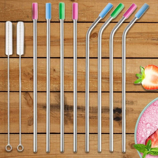 10er-Pack: Trinkhalme aus Edelstahl, extra breit, mit farbigen Silikonaufsätzen