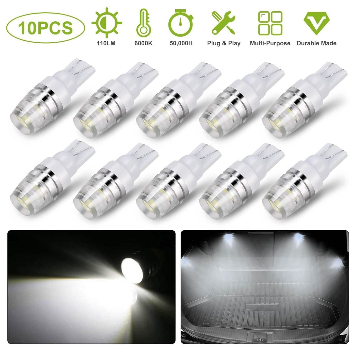 10 Stück: Xenonweiße Keilsockel-LED-Lampen