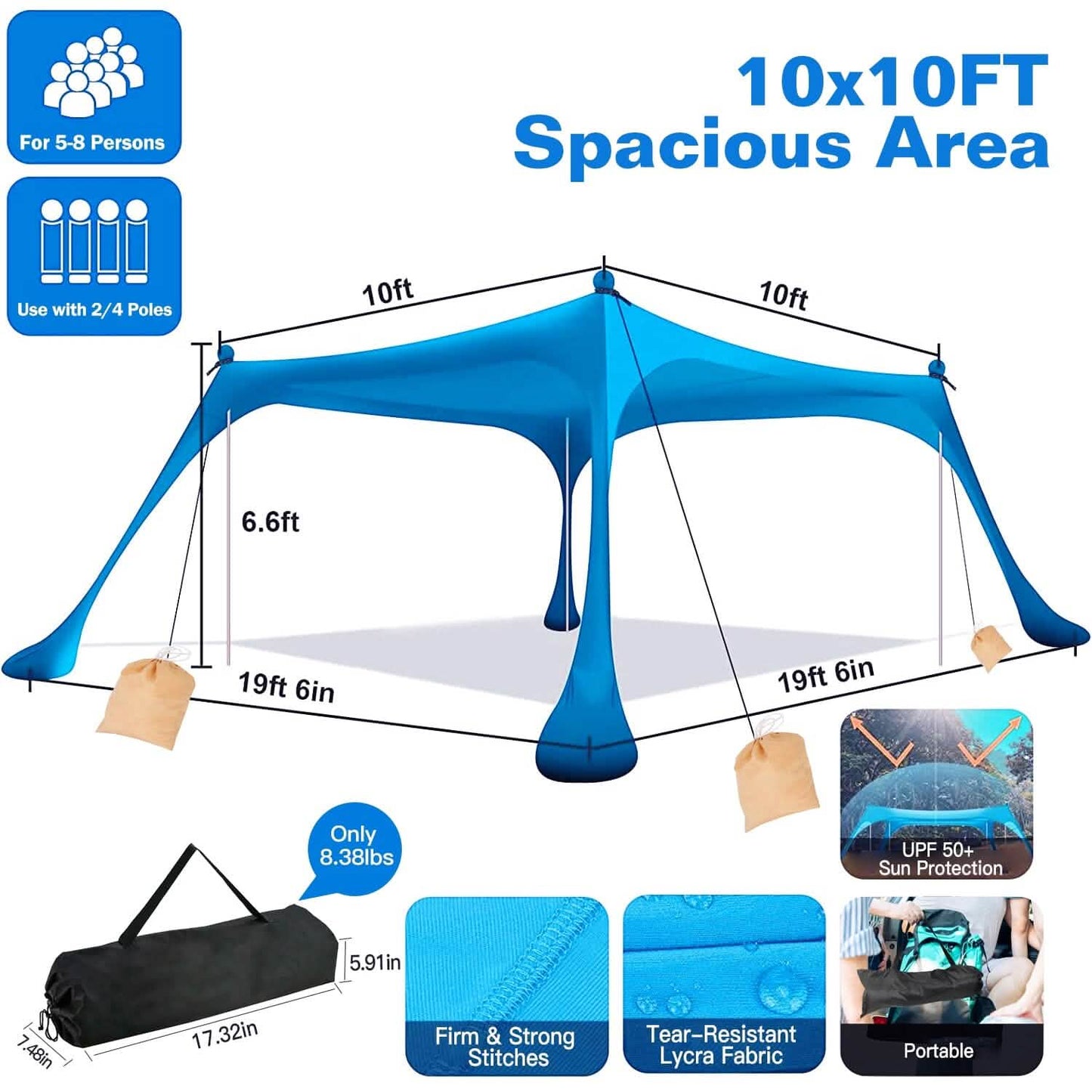 10 x 10 ft Sonnenschutz Familien-Strandzelt Outdoor-Sonnenschutz UPF50+ mit Sandsack