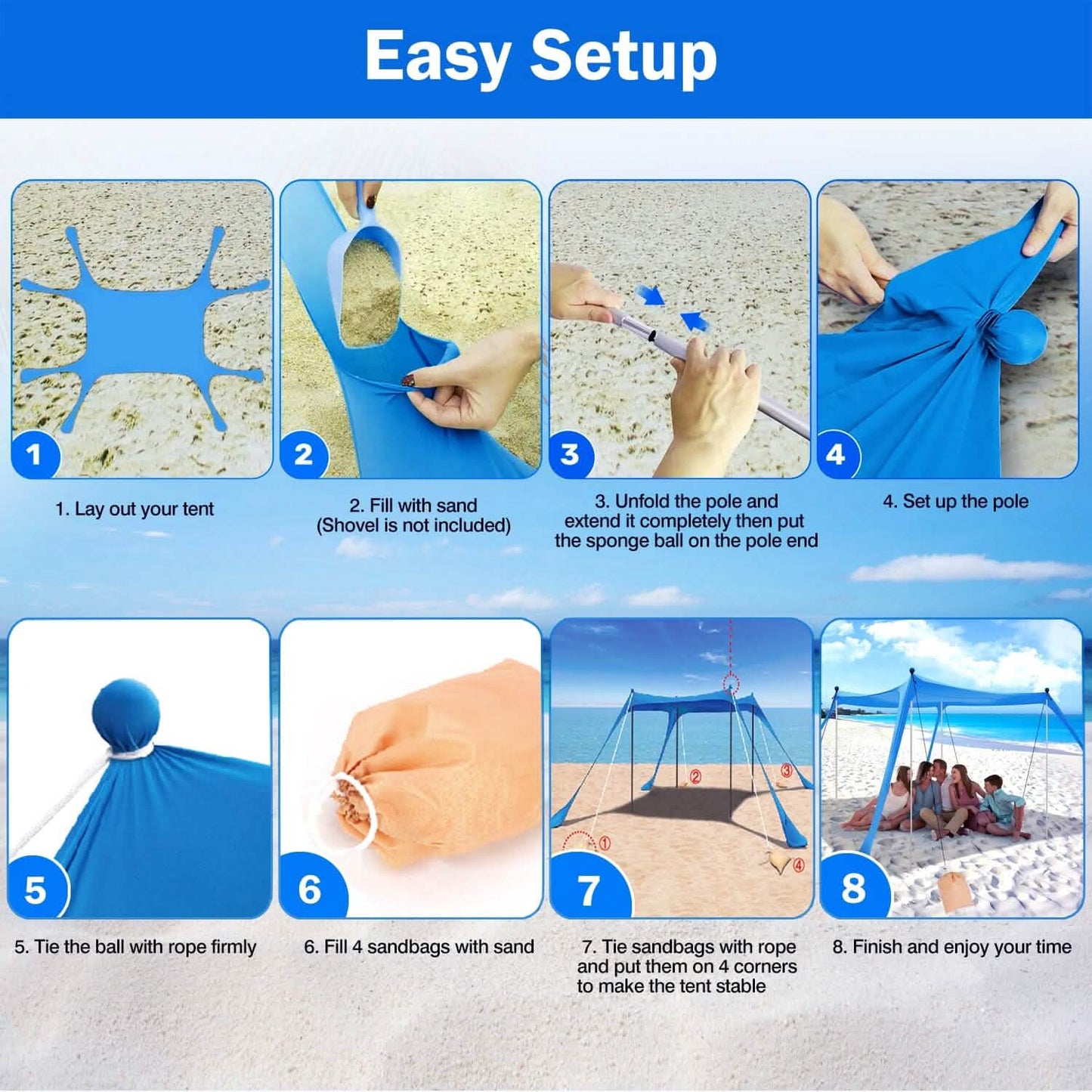 10 x 10 ft Sonnenschutz Familien-Strandzelt Outdoor-Sonnenschutz UPF50+ mit Sandsack