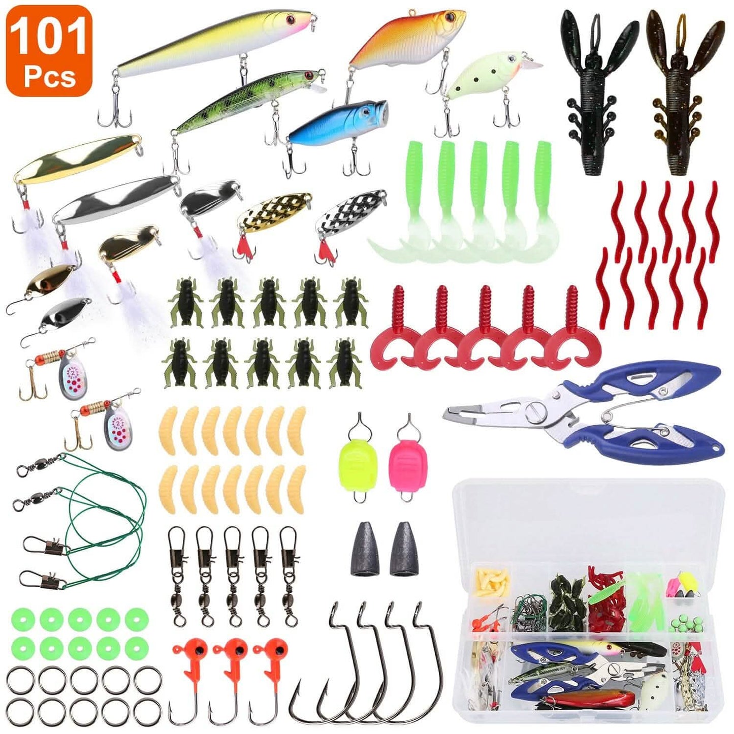 101-teilig: Angelköder-Set Weichplastikköder-Set mit weichen Würmern, Crankbaits und Box