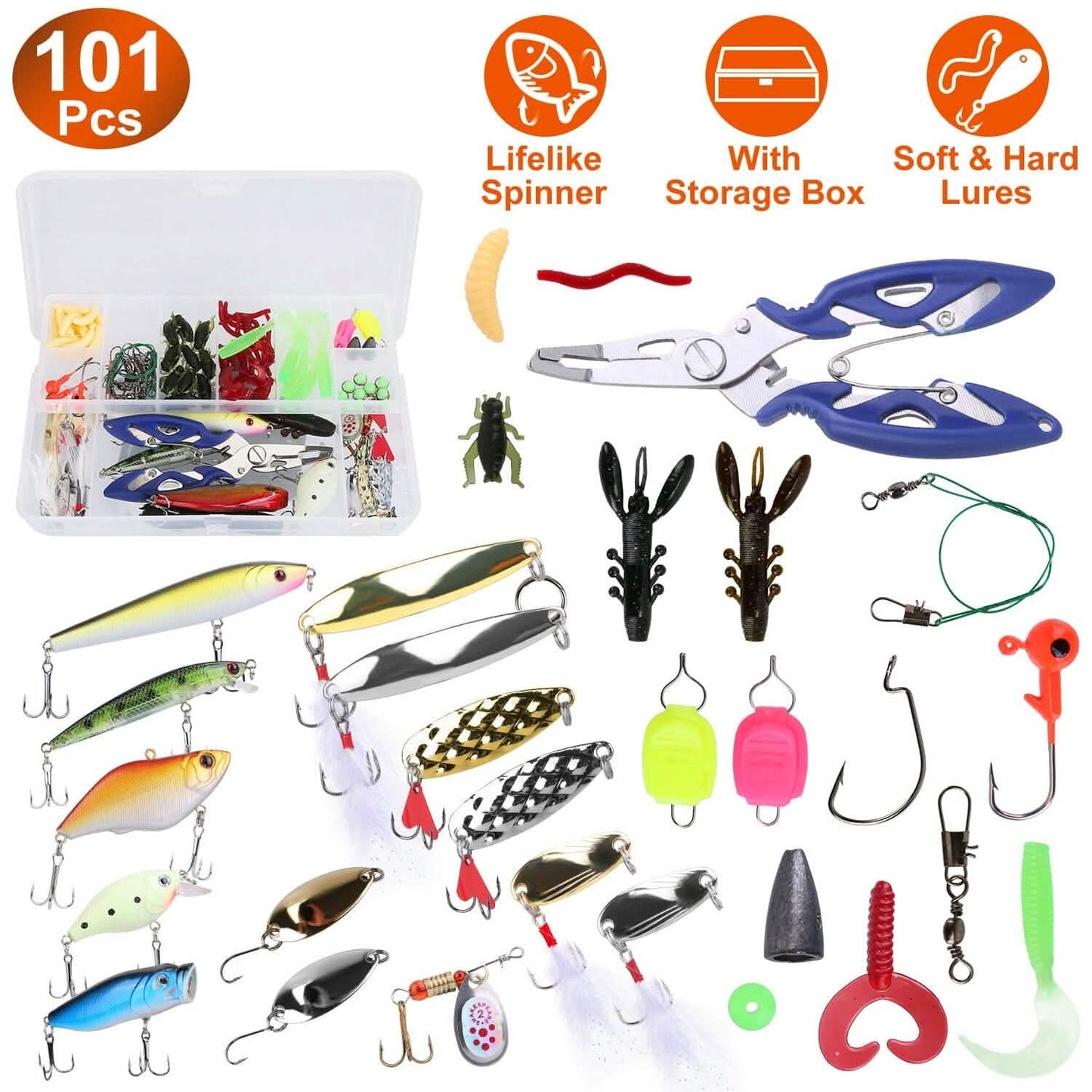101-teilig: Angelköder-Set Weichplastikköder-Set mit weichen Würmern, Crankbaits und Box