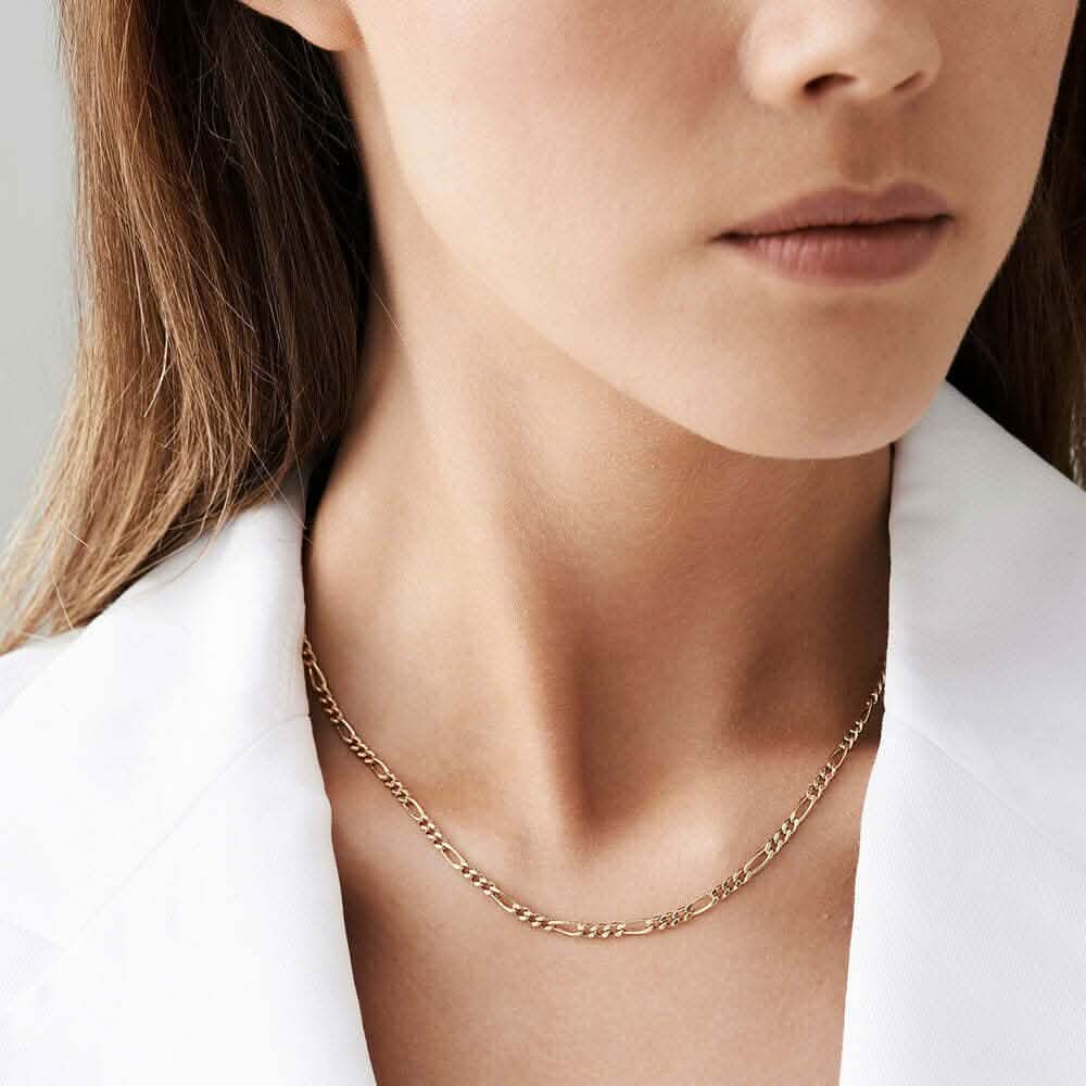 Halskette mit Anhänger, 10 Karat Massivgold, 3 mm, italienisches Figaro-Kettenglied