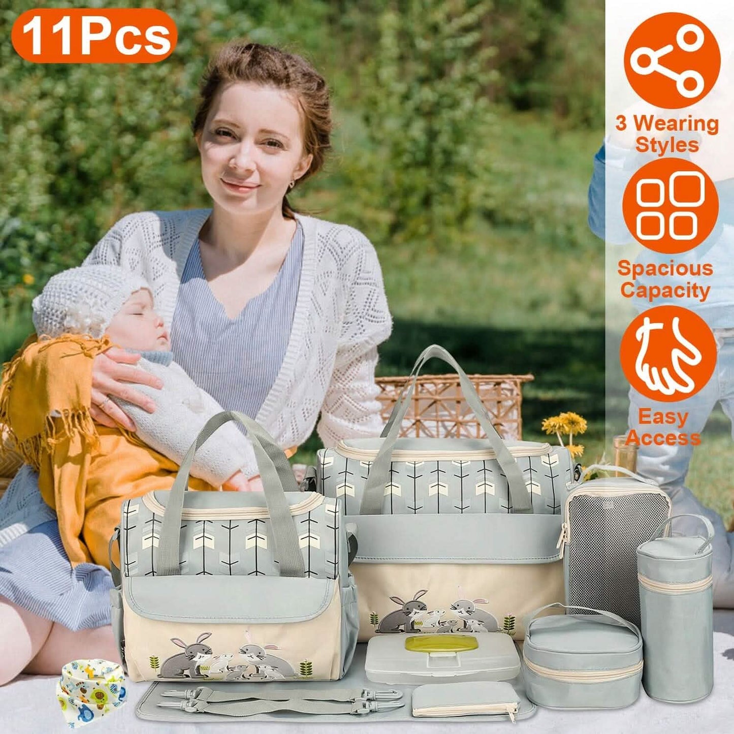 11-teiliges Set: Multifunktionale Wickeltaschen mit Kühltasche