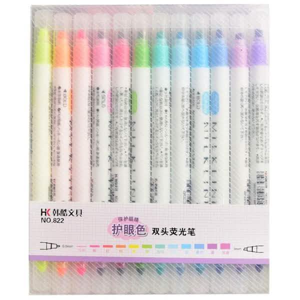 12-teiliges Set: Niedliche fluoreszierende Textmarker mit Doppelspitze