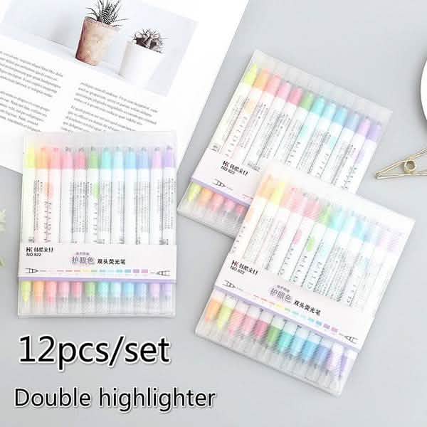 12-teiliges Set: Niedliche fluoreszierende Textmarker mit Doppelspitze