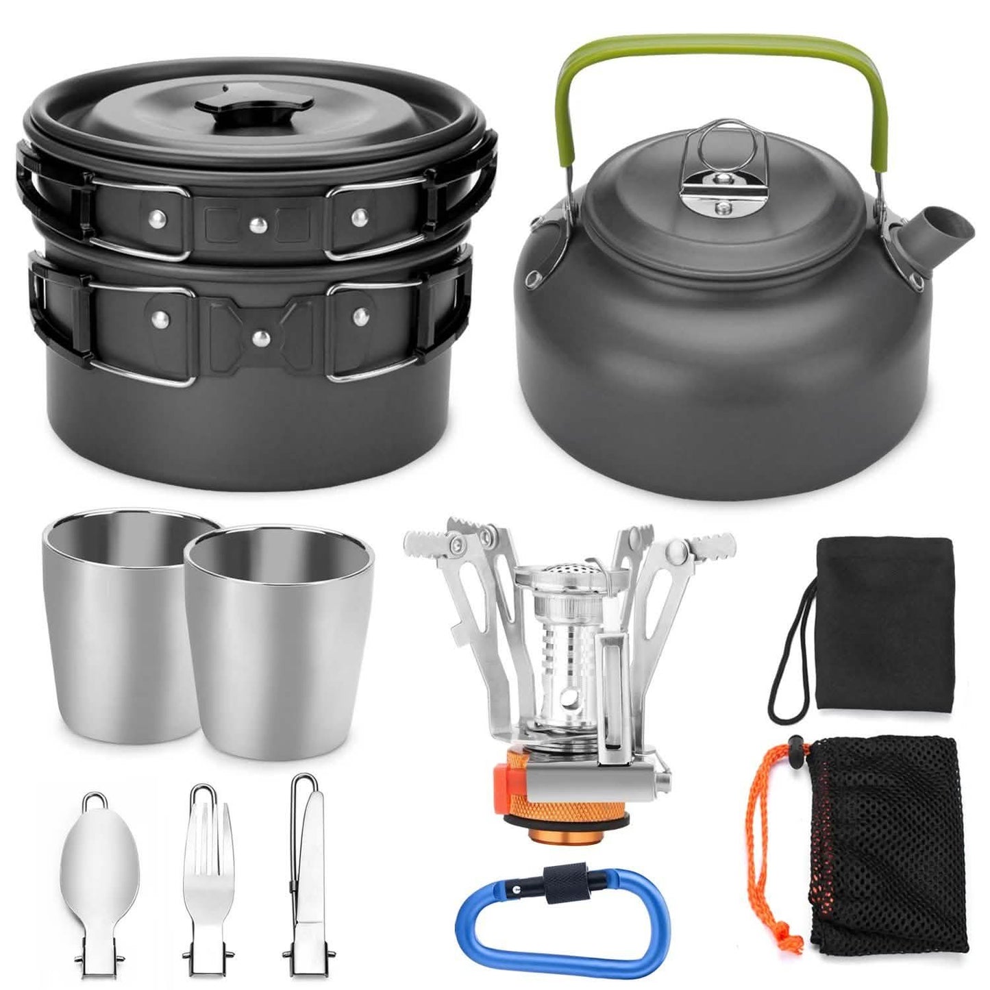 12-teilig: ODOLAND Camping-Kochgeschirr-Set mit Mini-Kocher