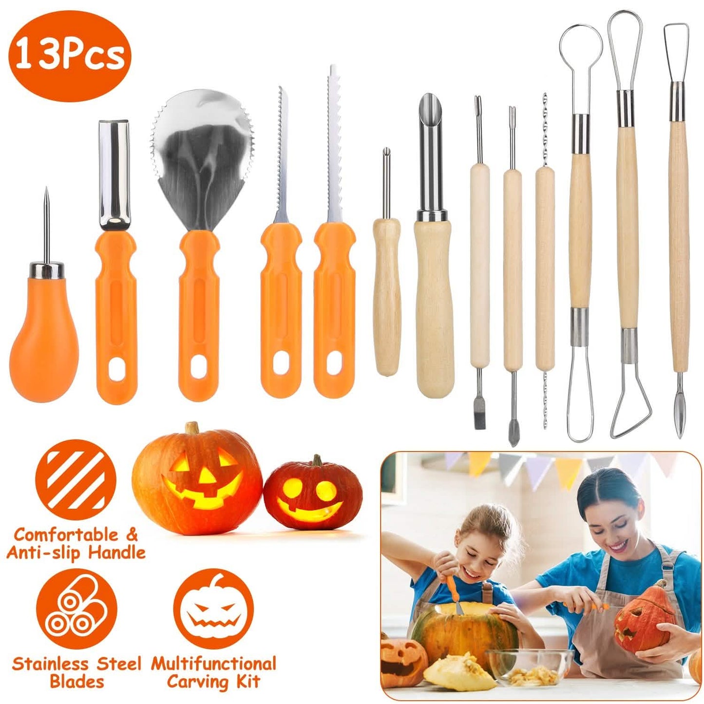 13-teilig: Halloween Kürbis Schnitzset aus Edelstahl