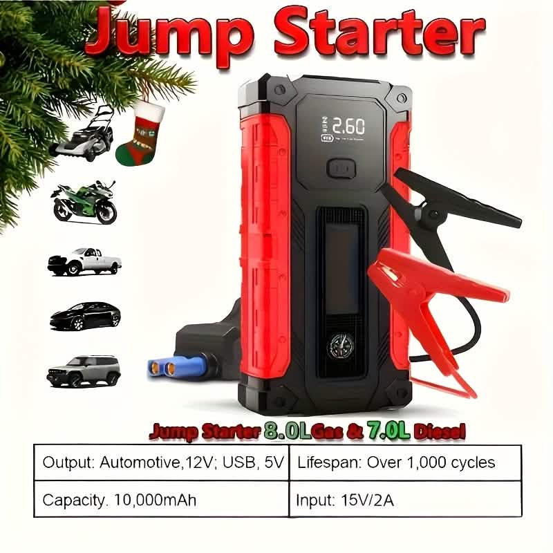 Tragbarer 12V Auto Starthilfe, Batterieladegerät, Luftpumpe (LED-Anzeige)