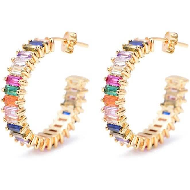 14K vergoldete Cubic Zirkonia Ohrstecker mit mehrfarbigem Regenbogen-Ringdesign