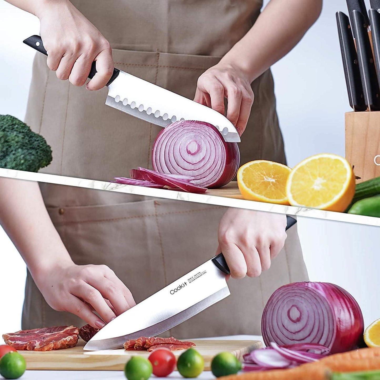 15-teiliges Set: Cookit Germany Messerblock-Set aus Edelstahl und gezackte Steakmesser