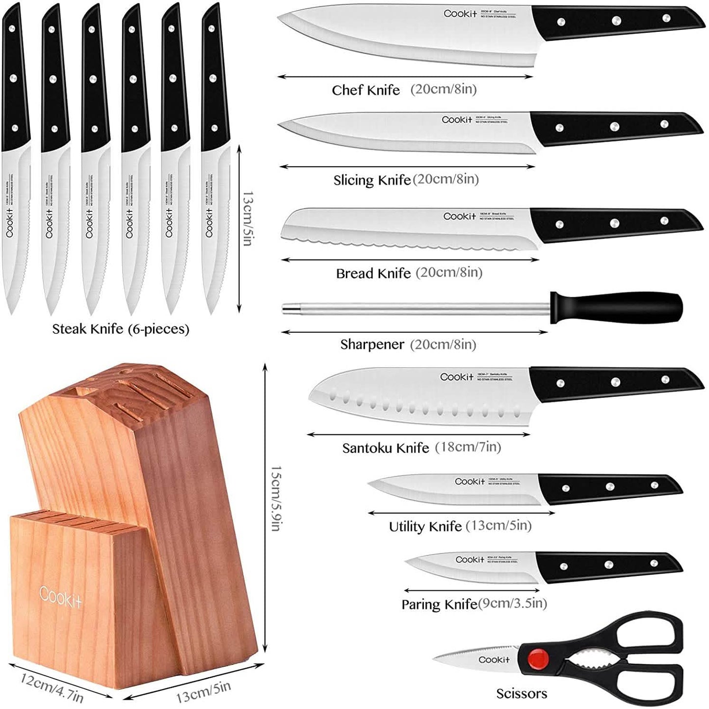 15-teiliges Set: Cookit Germany Messerblock-Set aus Edelstahl und gezackte Steakmesser
