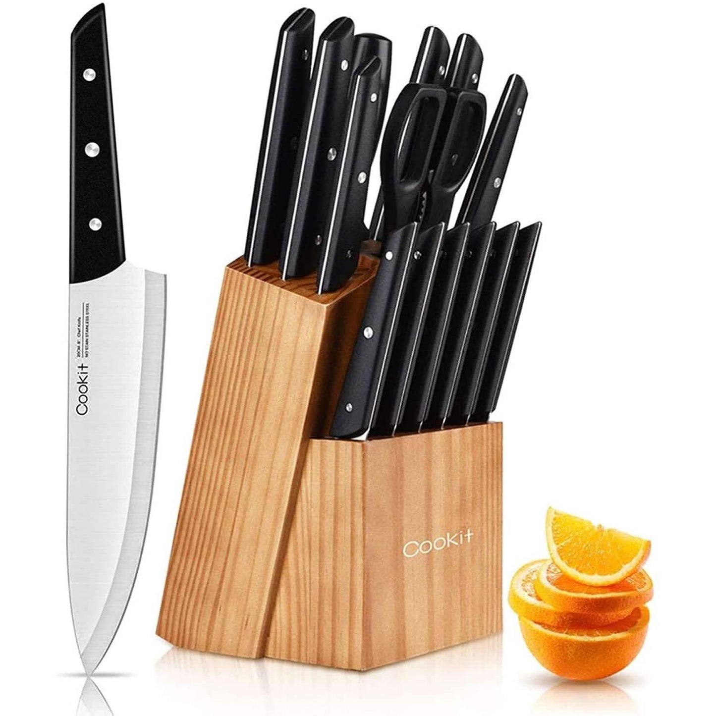 15-teiliges Set: Cookit Germany Messerblock-Set aus Edelstahl und gezackte Steakmesser