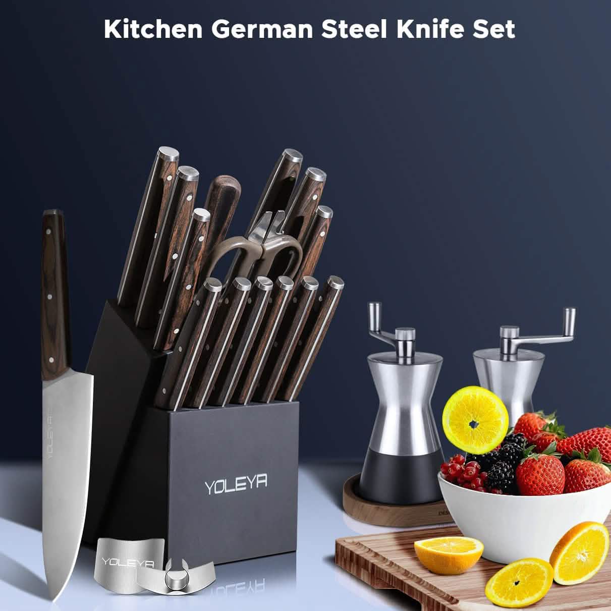 15-teiliges Set: YOLEYA Küchenmesser-Set mit Messerblock, Holz, dreifach vernietet