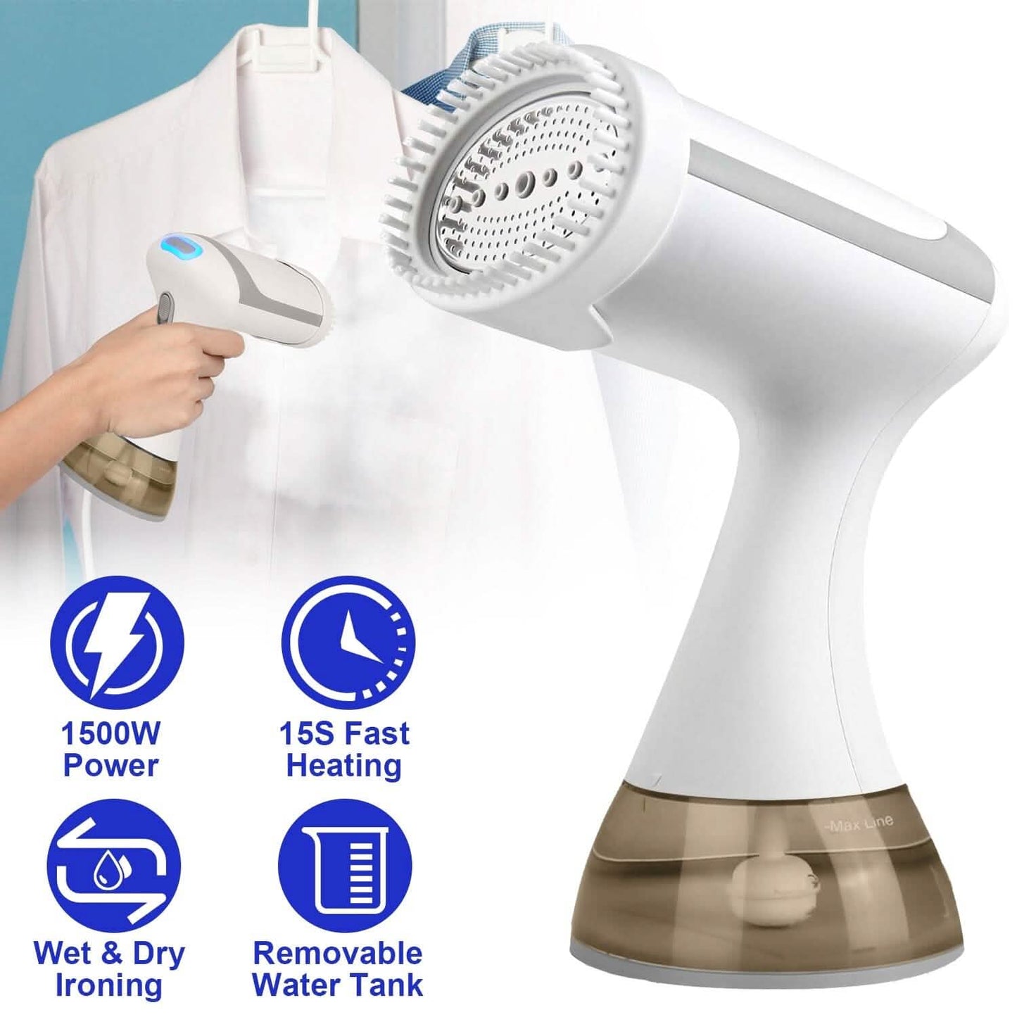 1500W Dampfglätter Tragbarer Handdampfer mit Fusselbürste Abnehmbarer 350ml Wassertank