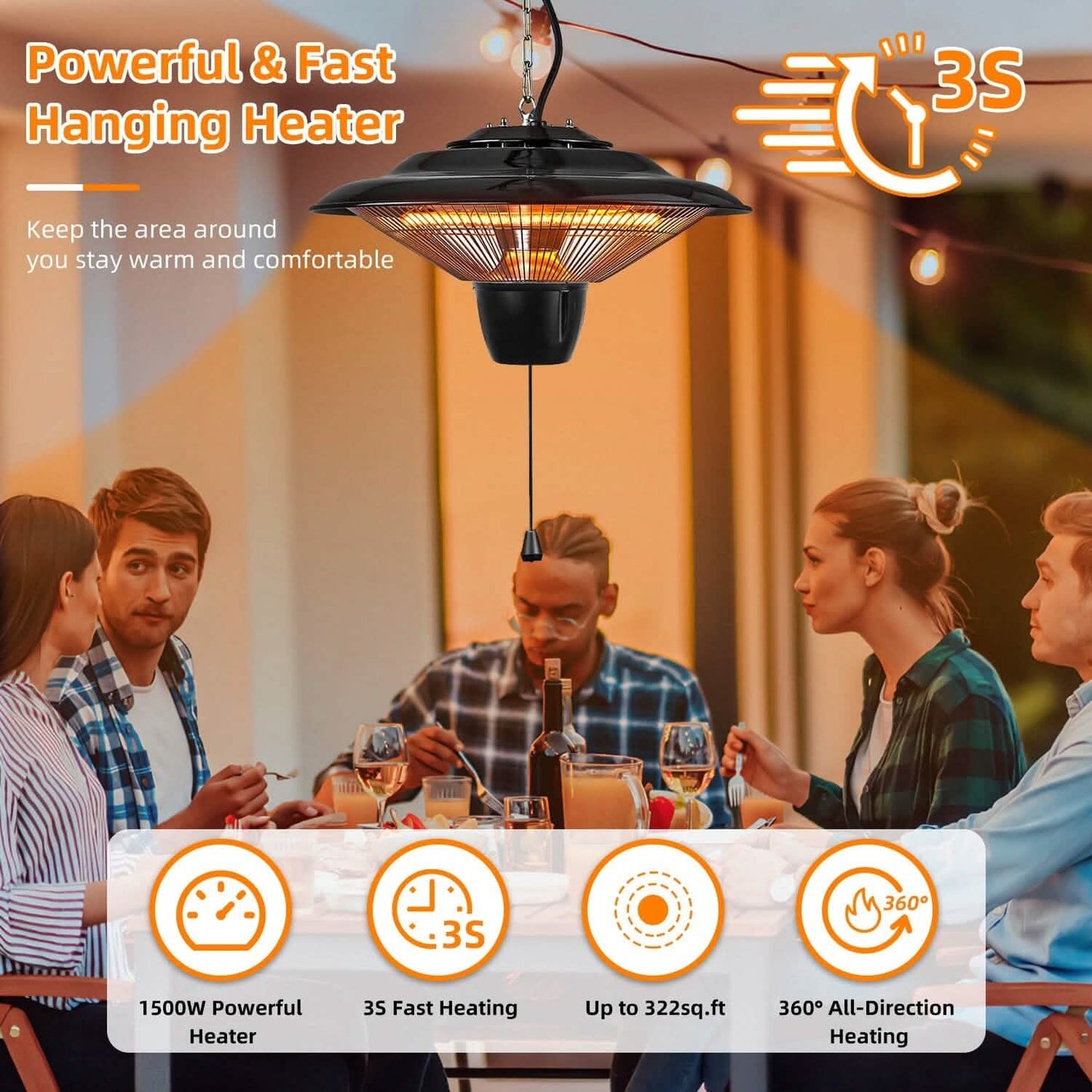1500W Outdoor Hänge-Terrassen-Heizstrahler ultra-leise elektrisch