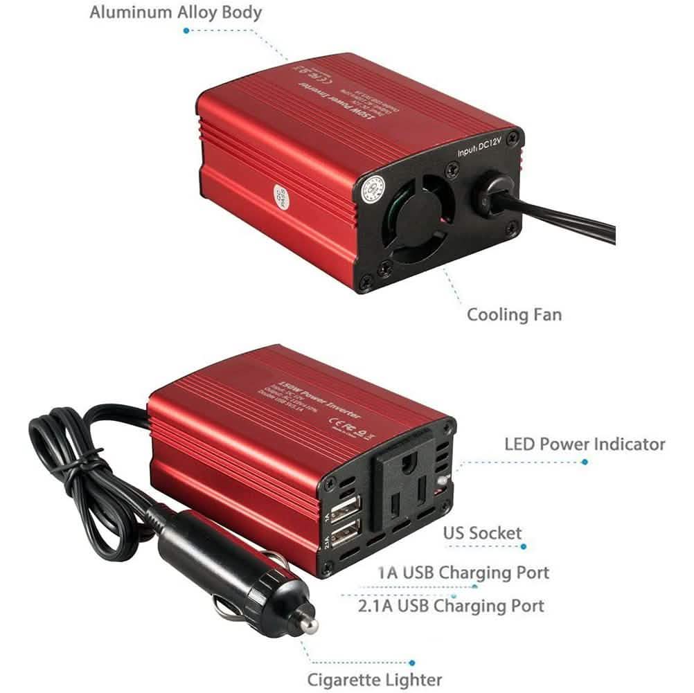150W Auto-Wechselrichter 12V DC auf 110V AC Wandler mit 3.1A Dual-USB-KFZ-Ladegerät