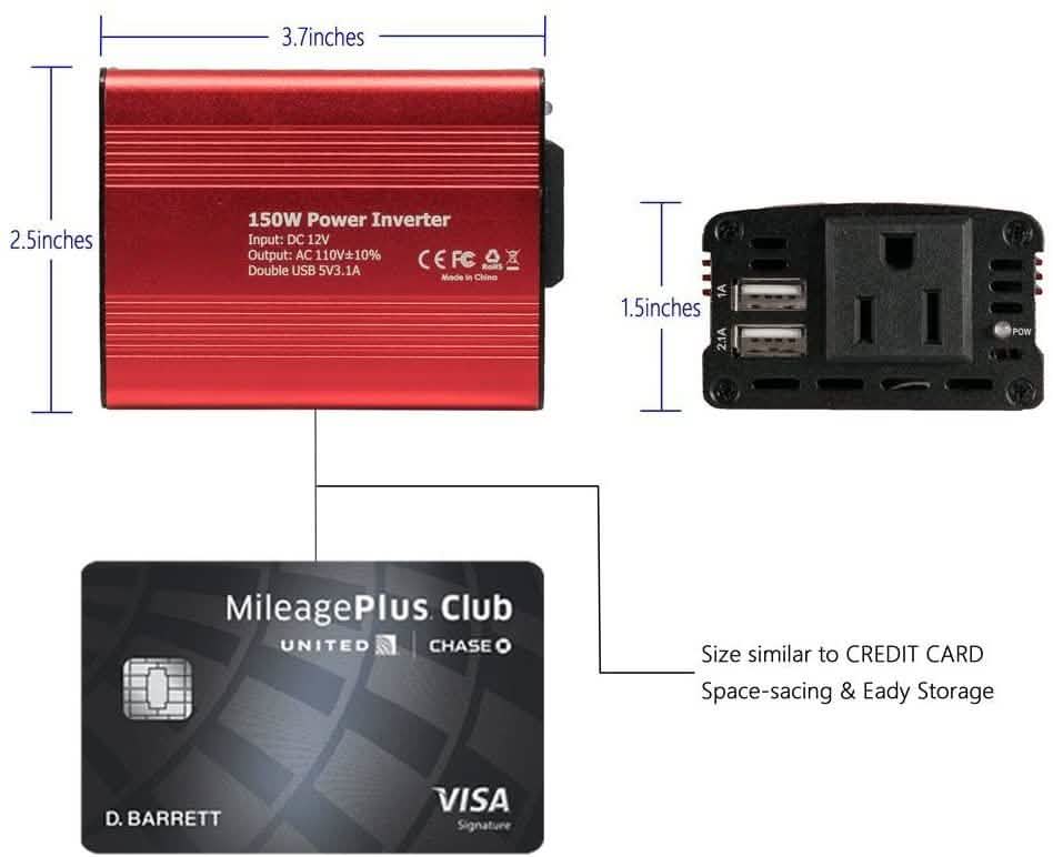 150W Auto-Wechselrichter 12V DC auf 110V AC Wandler mit 3.1A Dual-USB-KFZ-Ladegerät