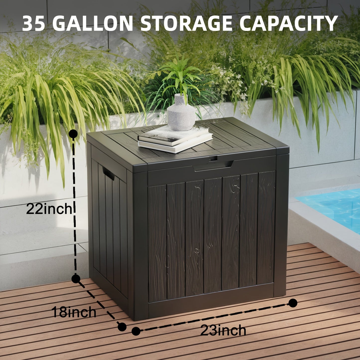 35 Gallonen Outdoor-Aufbewahrungsbox aus Kunstharz – Schwarz/Holzmaserung