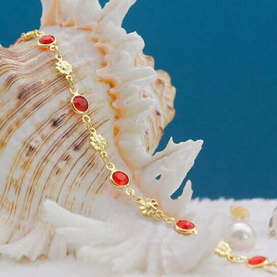 18 Karat Gold Filled Hochglanz Rot Kristall Blume Fußkettchen