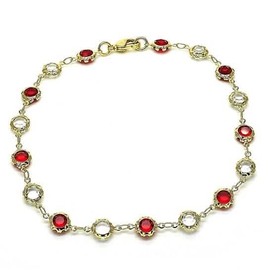 18k Gold Filled Hochglanz Gold Kristall Rot Weiß Rund Fußkettchen 25,4 cm