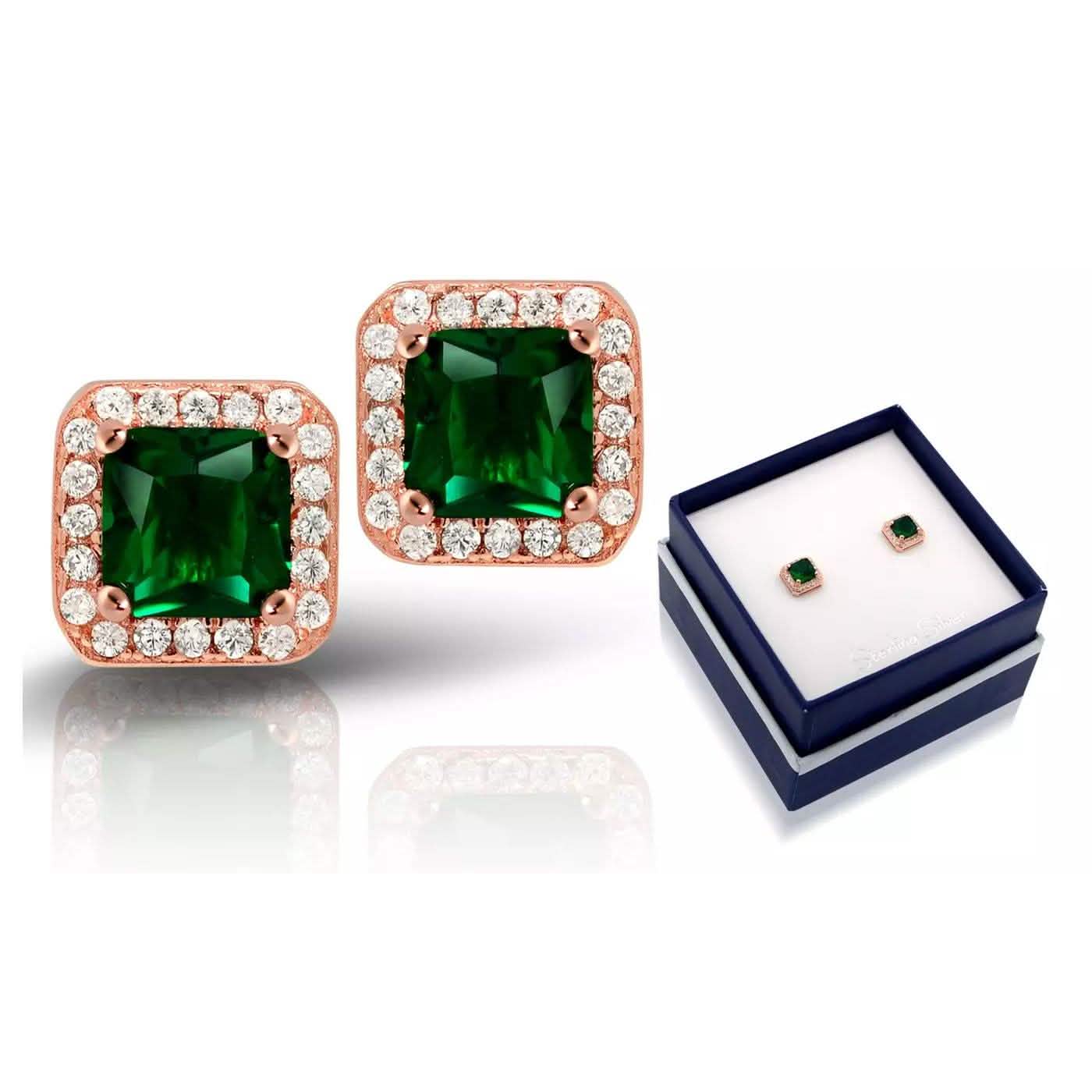 MUIBLU Gems Ohrstecker aus 18 Karat Roségold über Sterlingsilber mit synthetischen grünen Smaragden im Halo-Design