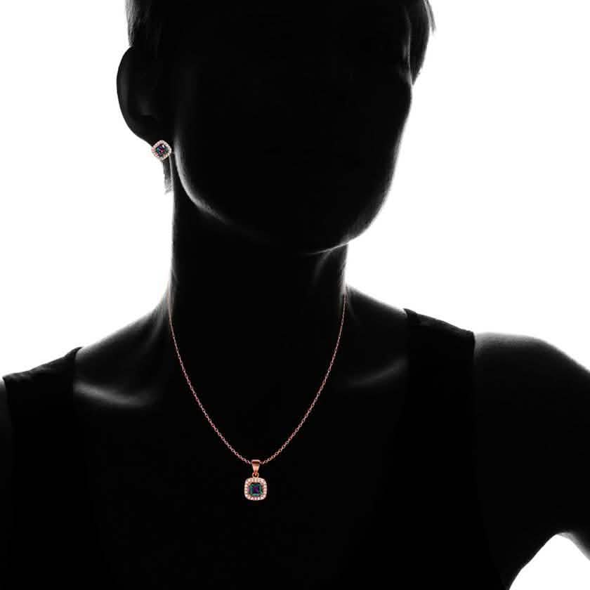 Halskette und Ohrringe mit Regenbogen-Topas-Halo aus 18 Karat Roségold über Sterlingsilber