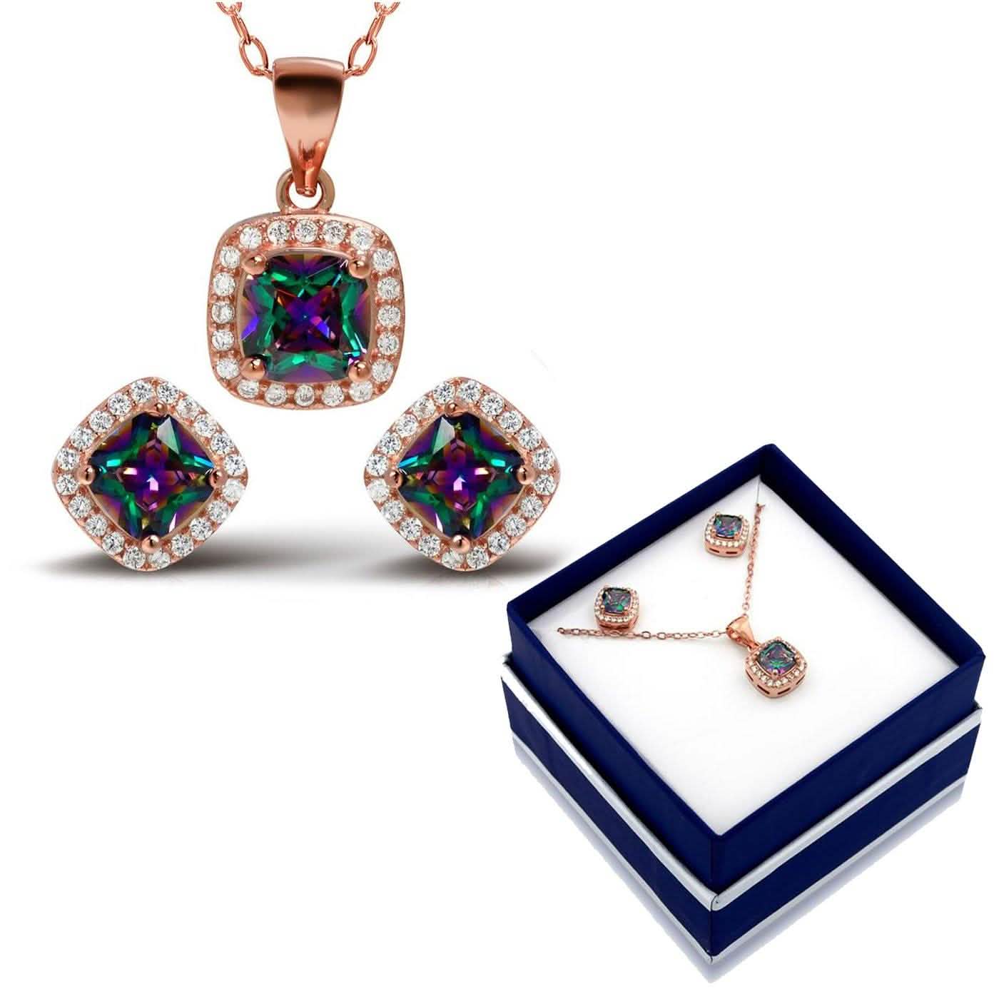 Halskette und Ohrringe mit Regenbogen-Topas-Halo aus 18 Karat Roségold über Sterlingsilber