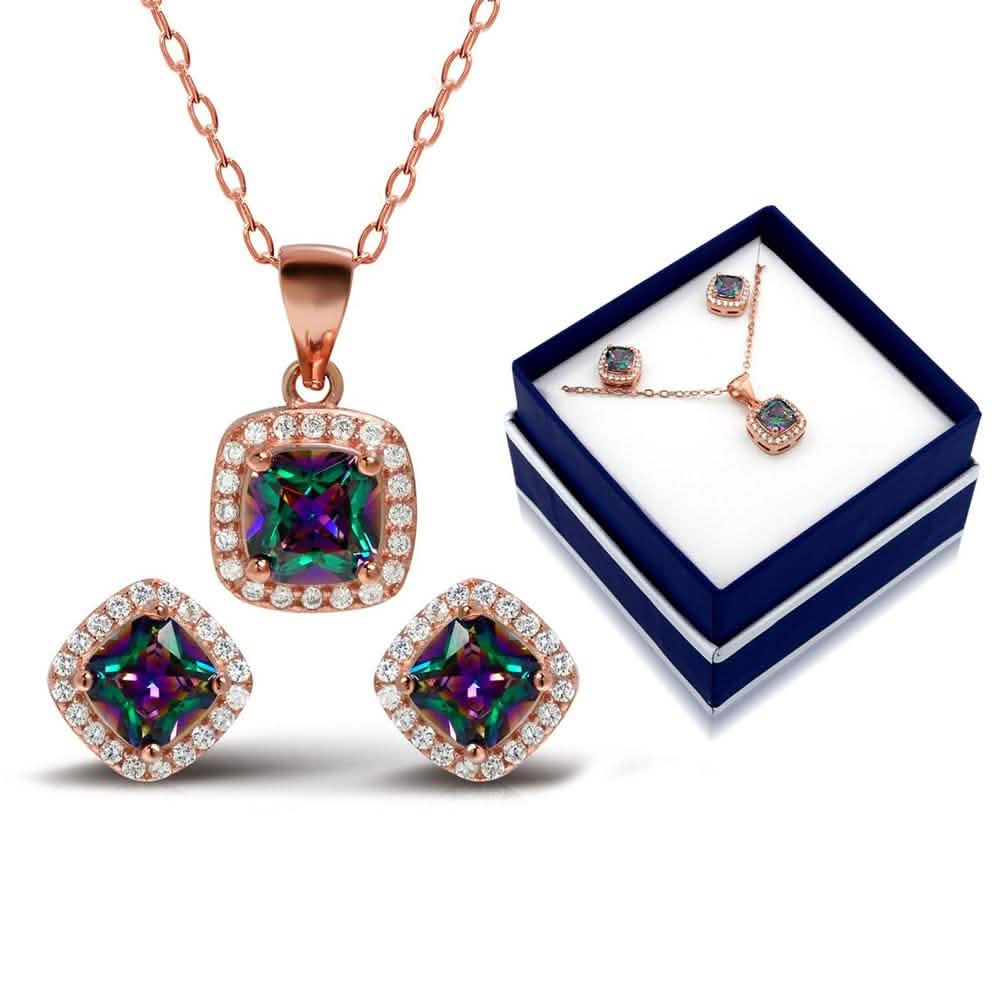 18K Roségold Sterling Silber Regenbogen Halskette und Ohrringe