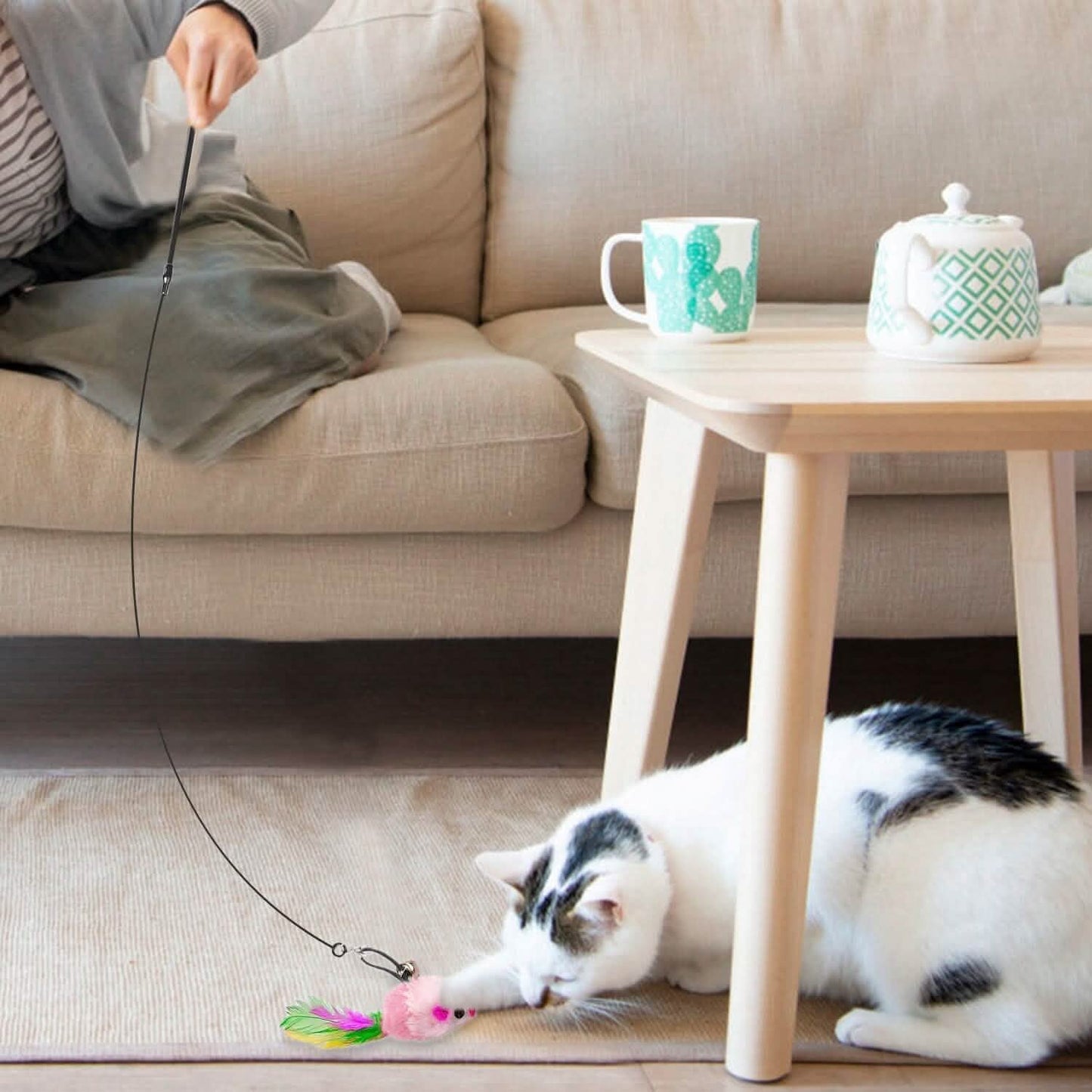 2 Katzenangelspielzeuge mit Saugnapf, doppelseitiges interaktives Katzenfeder-Spielzeug