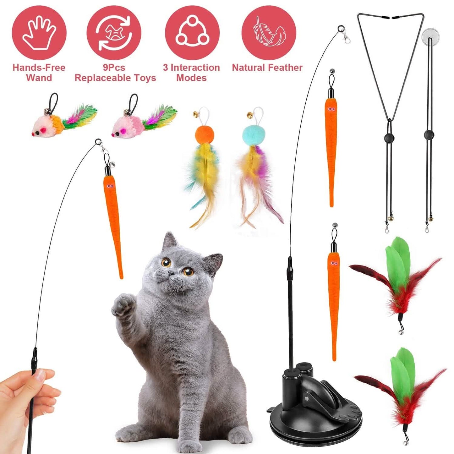 2 Katzenangelspielzeuge mit Saugnapf, doppelseitiges interaktives Katzenfeder-Spielzeug