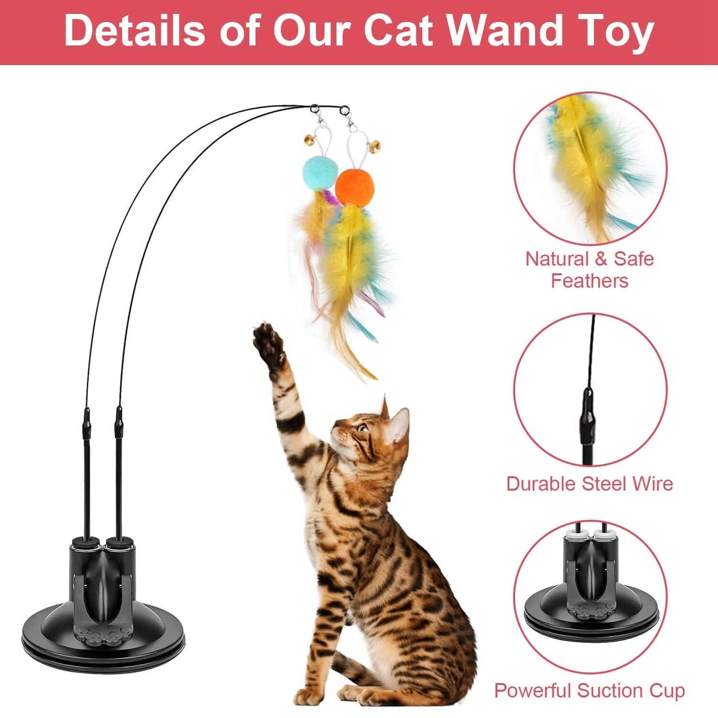 2 Katzenangelspielzeuge mit Saugnapf, doppelseitiges interaktives Katzenfeder-Spielzeug