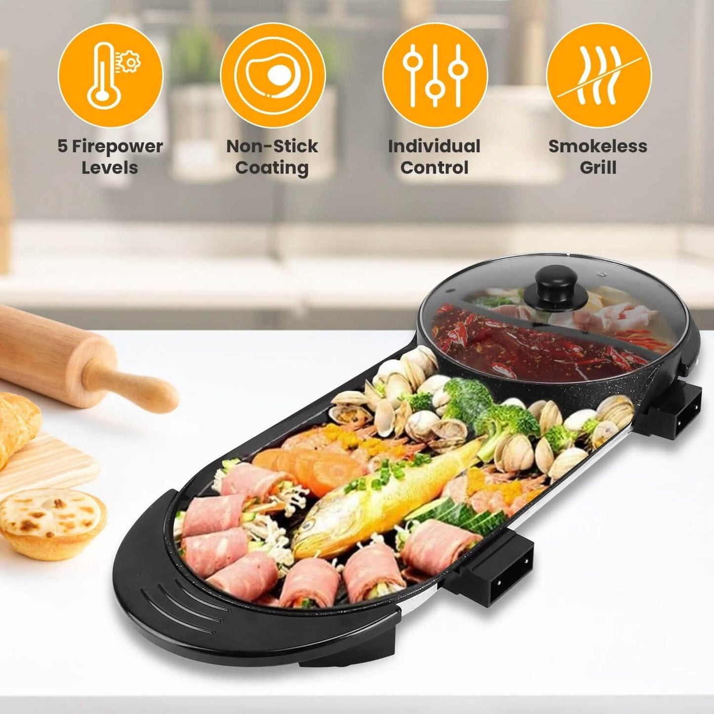 2-in-1 Elektro-Heißtopf mit BBQ-Grill 2200W