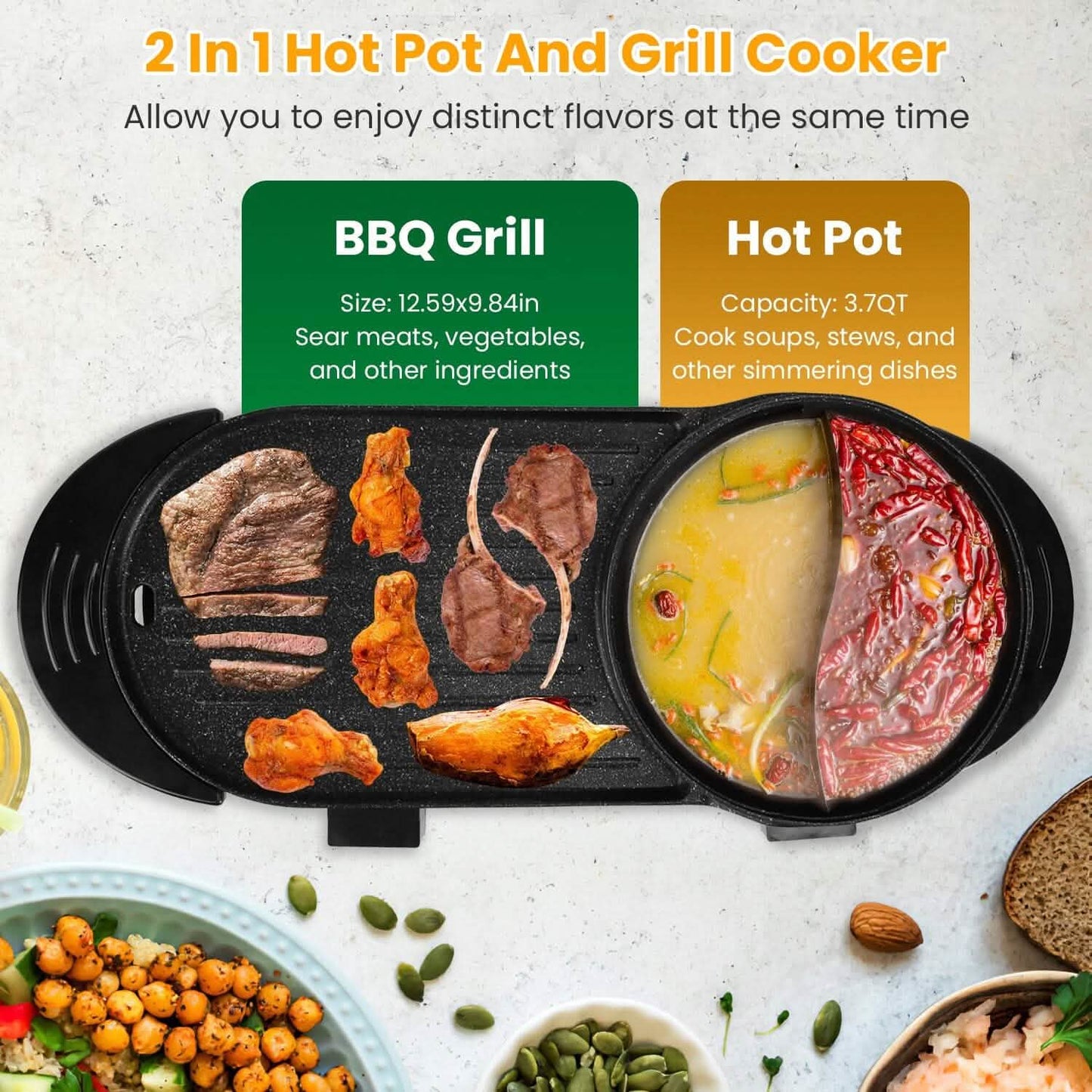 2-in-1 Elektro-Heißtopf mit BBQ-Grill 2200W