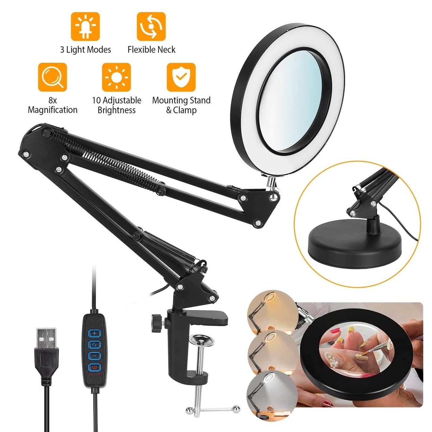 2-in-1 LED-Lupen-Schreibtischlampe mit 8-facher Vergrößerung