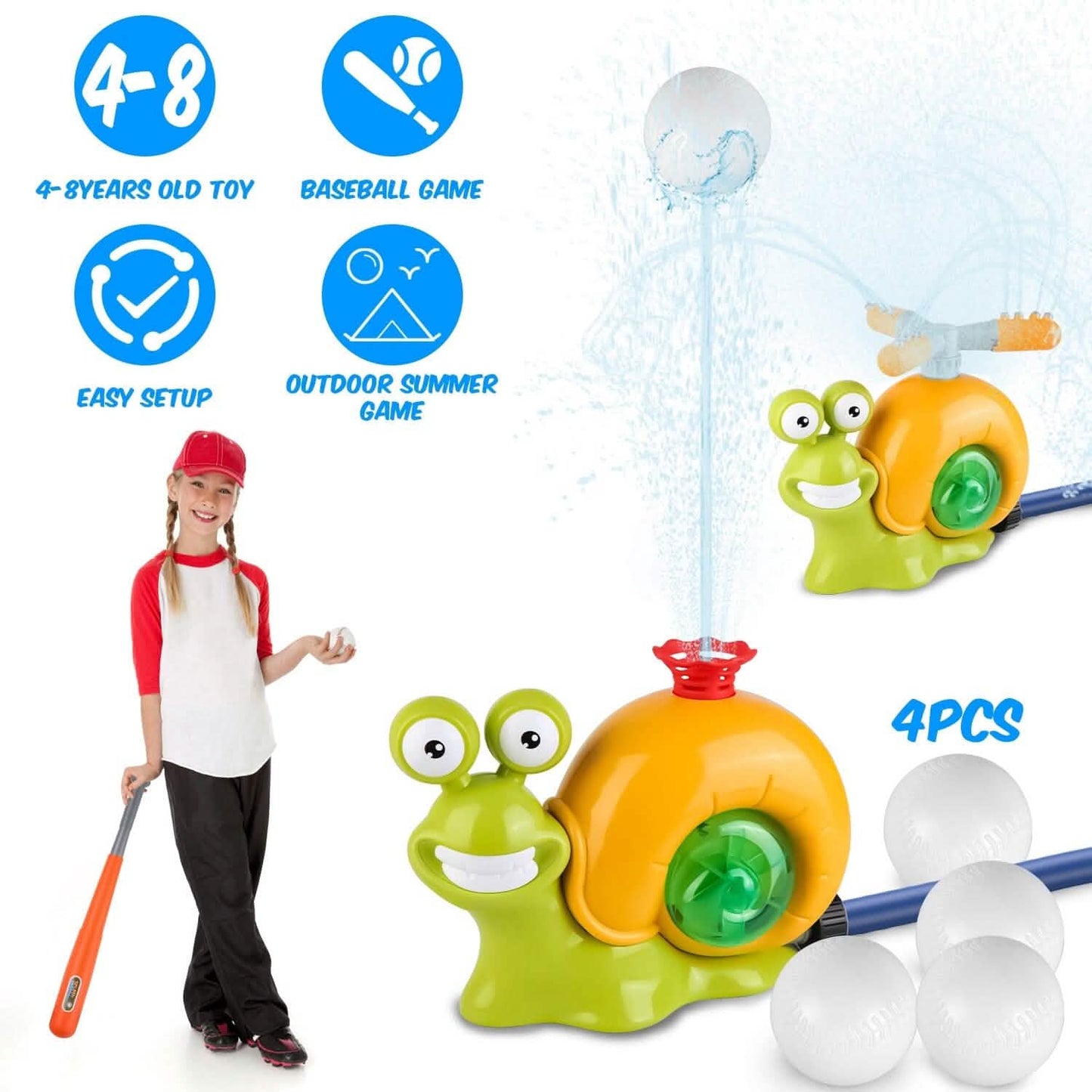 2-in-1-Schnecken-Wassersprenger-Baseballspielzeug mit 2 Sprinklerdüsen