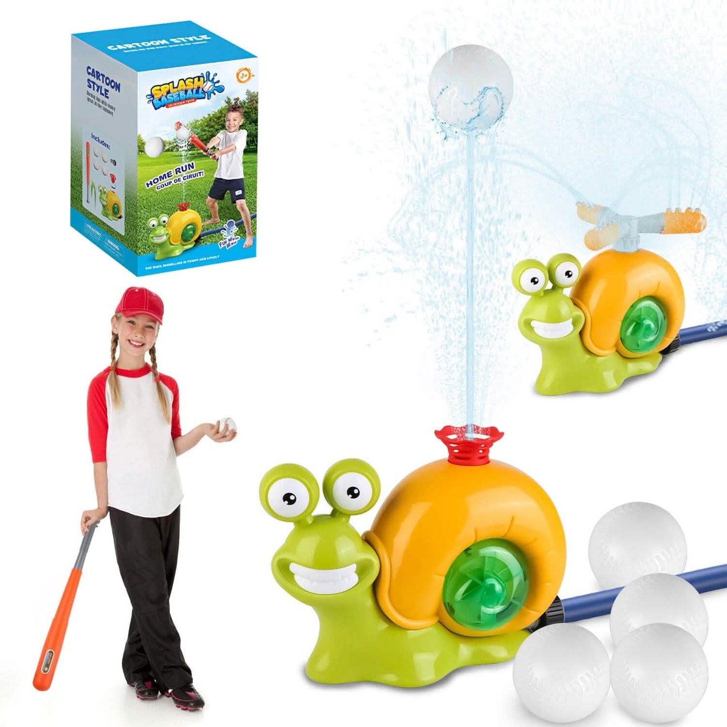 2-in-1-Schnecken-Wassersprenger-Baseballspielzeug mit 2 Sprinklerdüsen