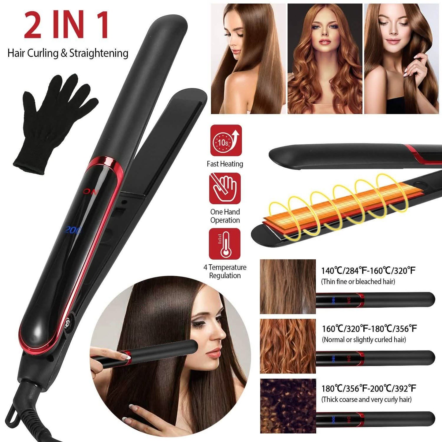 2-in-1-Haarglätter mit Keramikplatten und Lockenfunktion, Temperaturregelung und LCD-Display