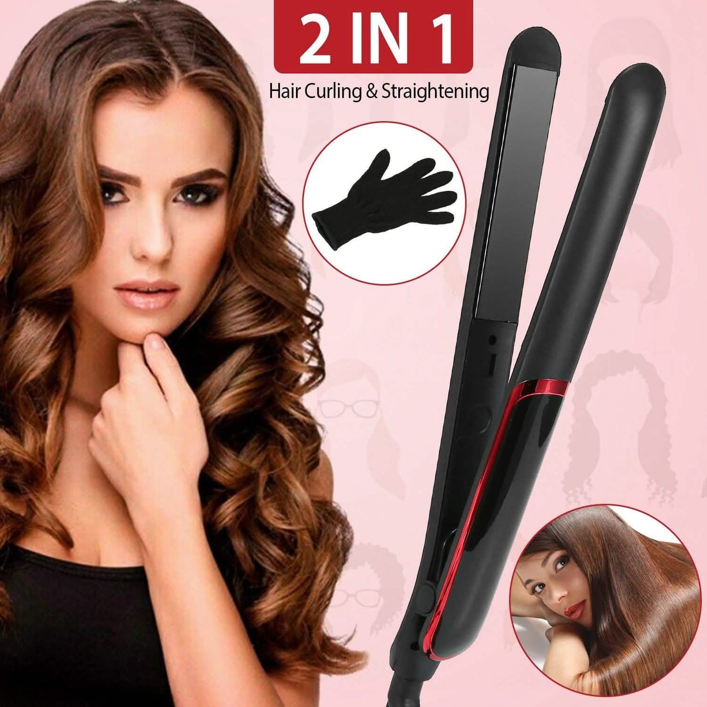 2-in-1-Haarglätter mit Keramikplatten und Lockenfunktion, Temperaturregelung und LCD-Display