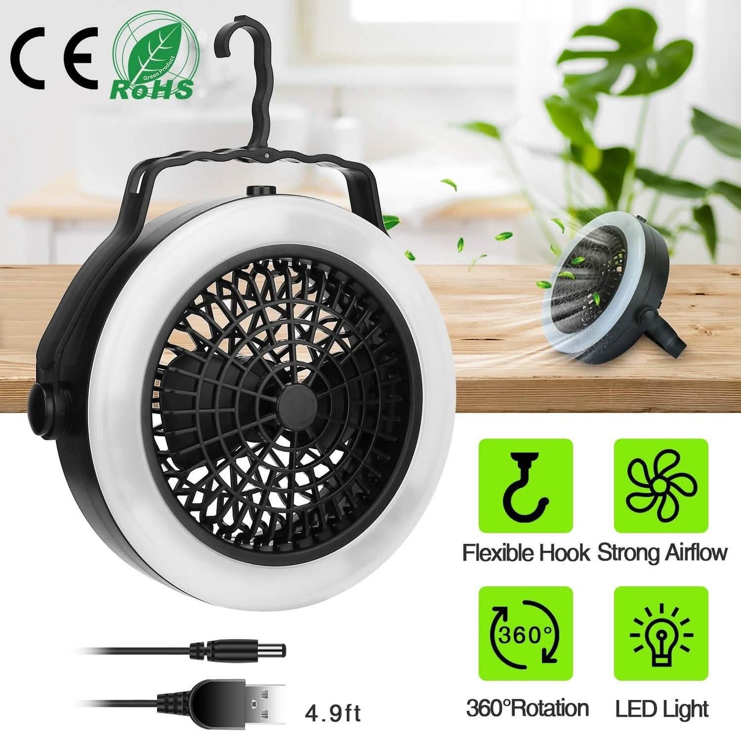 2-in-1 tragbarer Camping-LED-Ventilator, batterie-/USB-betrieben für den Außenbereich