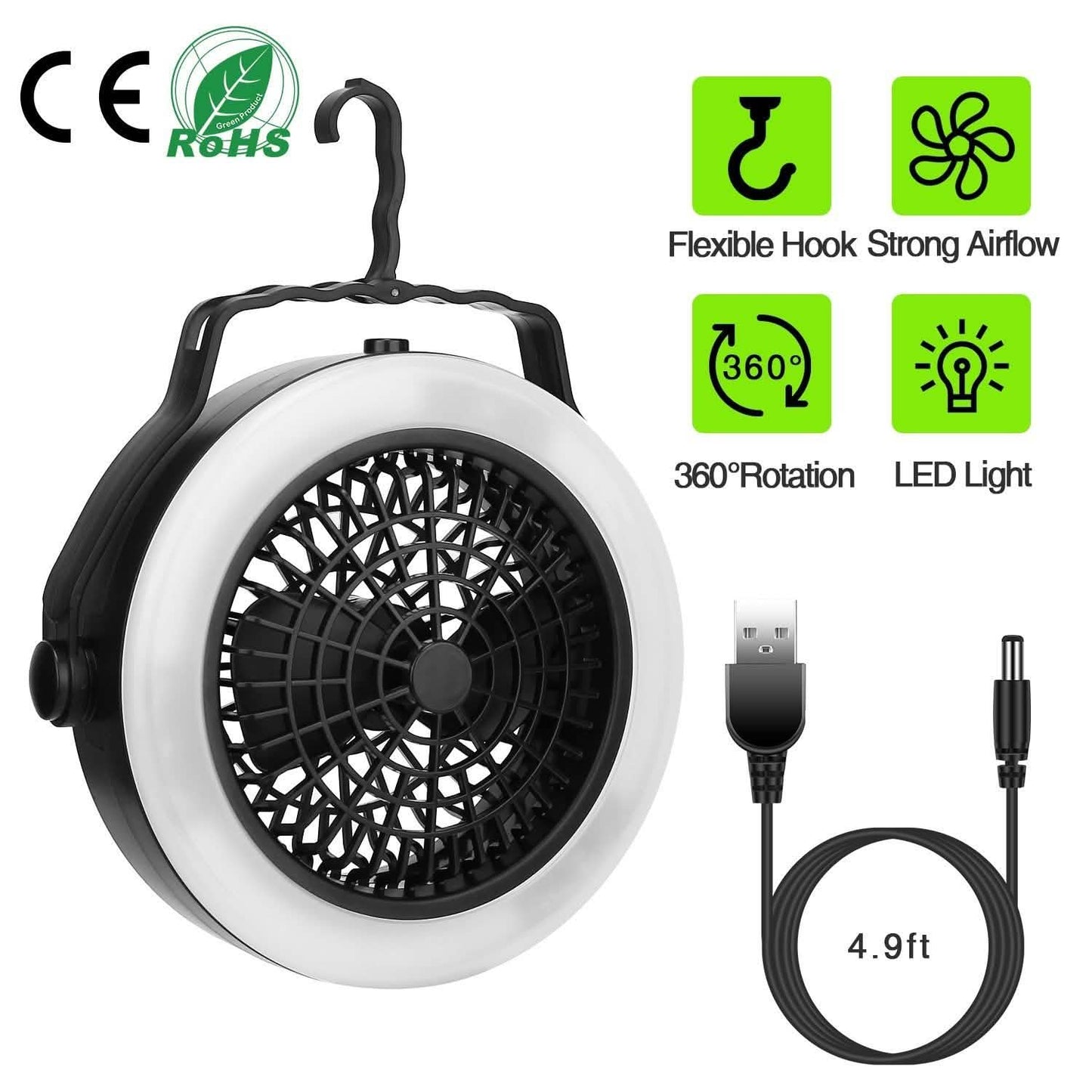 2-in-1 tragbarer Camping-LED-Ventilator, batterie-/USB-betrieben für den Außenbereich