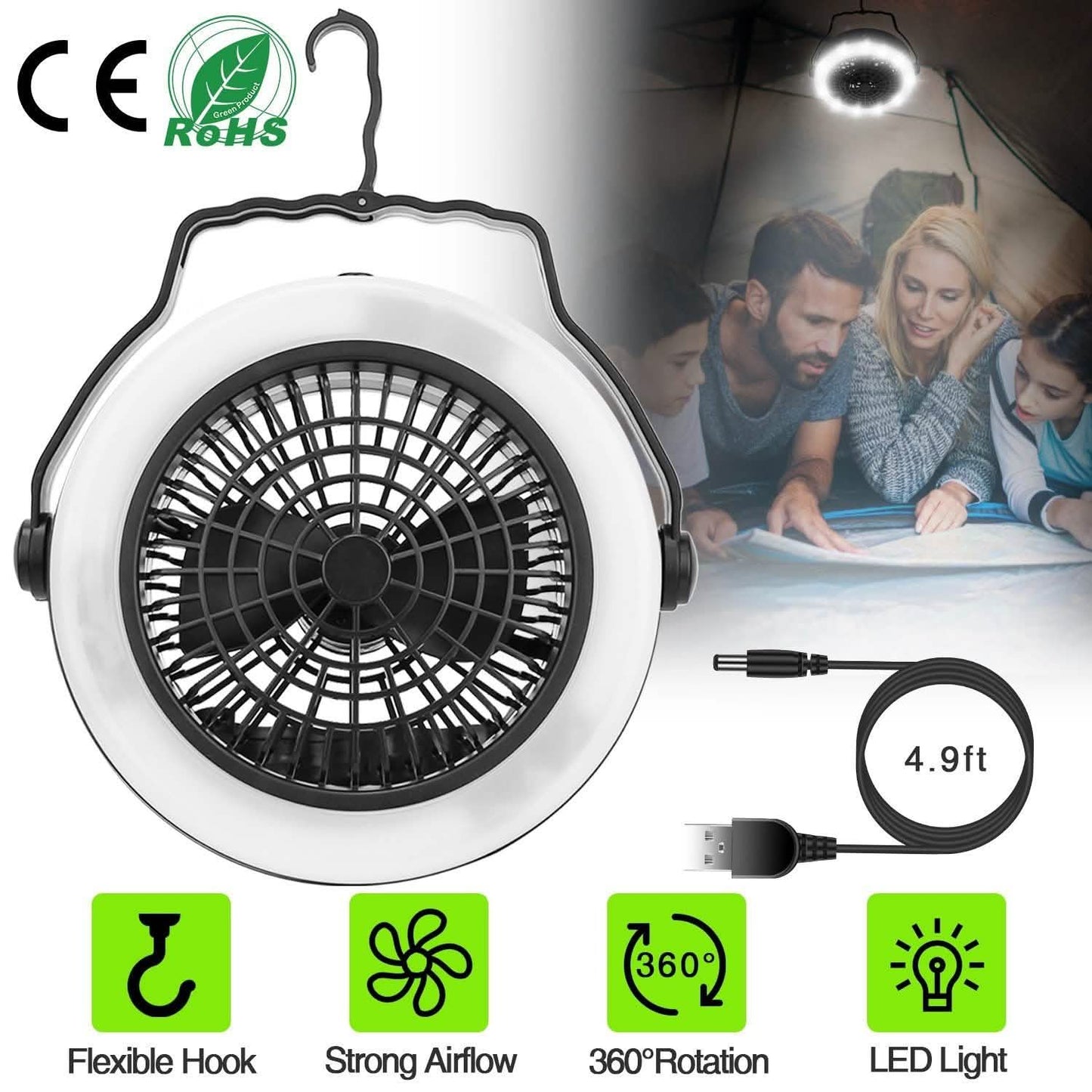 2-in-1 tragbarer Camping-LED-Ventilator, batterie-/USB-betrieben für den Außenbereich
