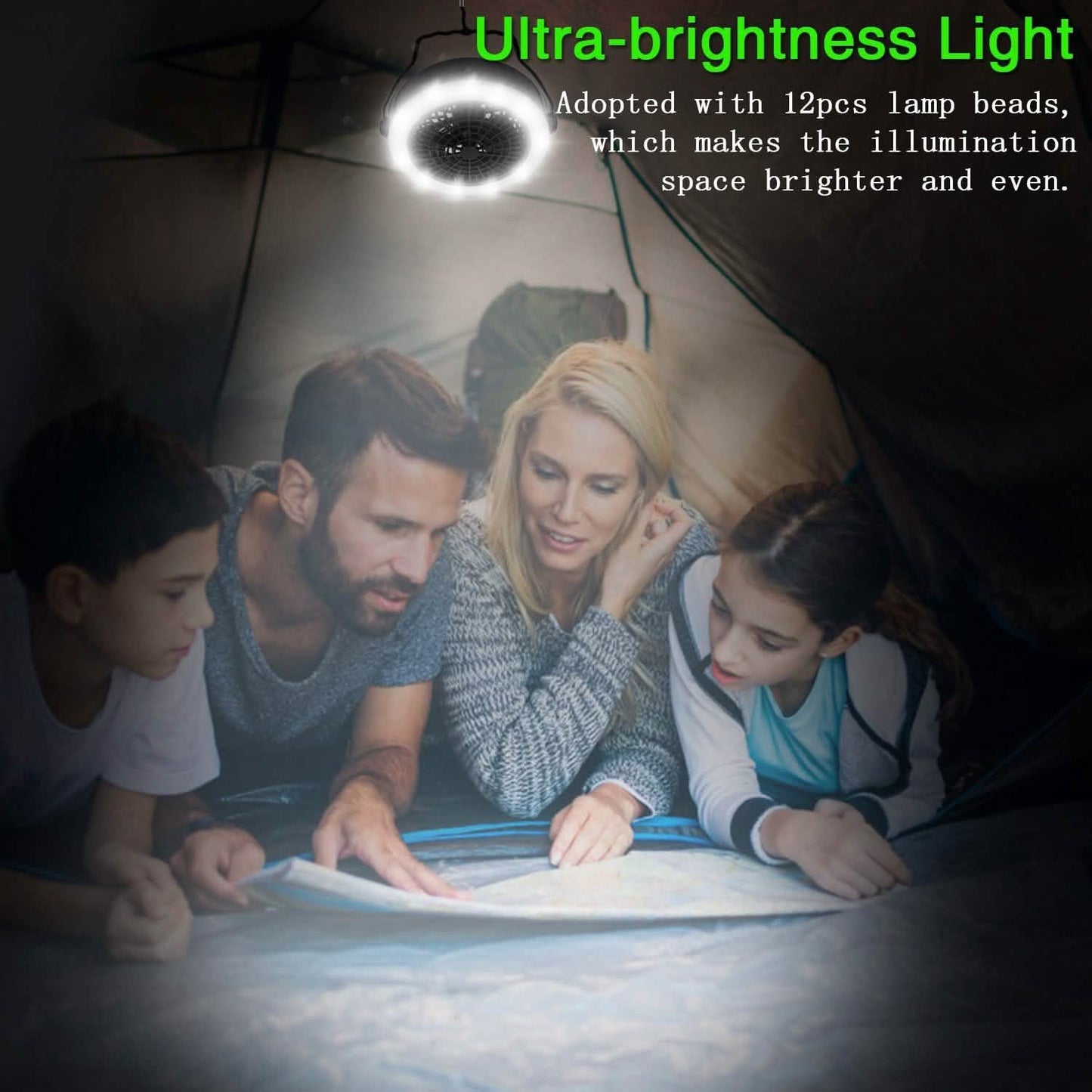 2-in-1 tragbarer Camping-LED-Ventilator, batterie-/USB-betrieben für den Außenbereich