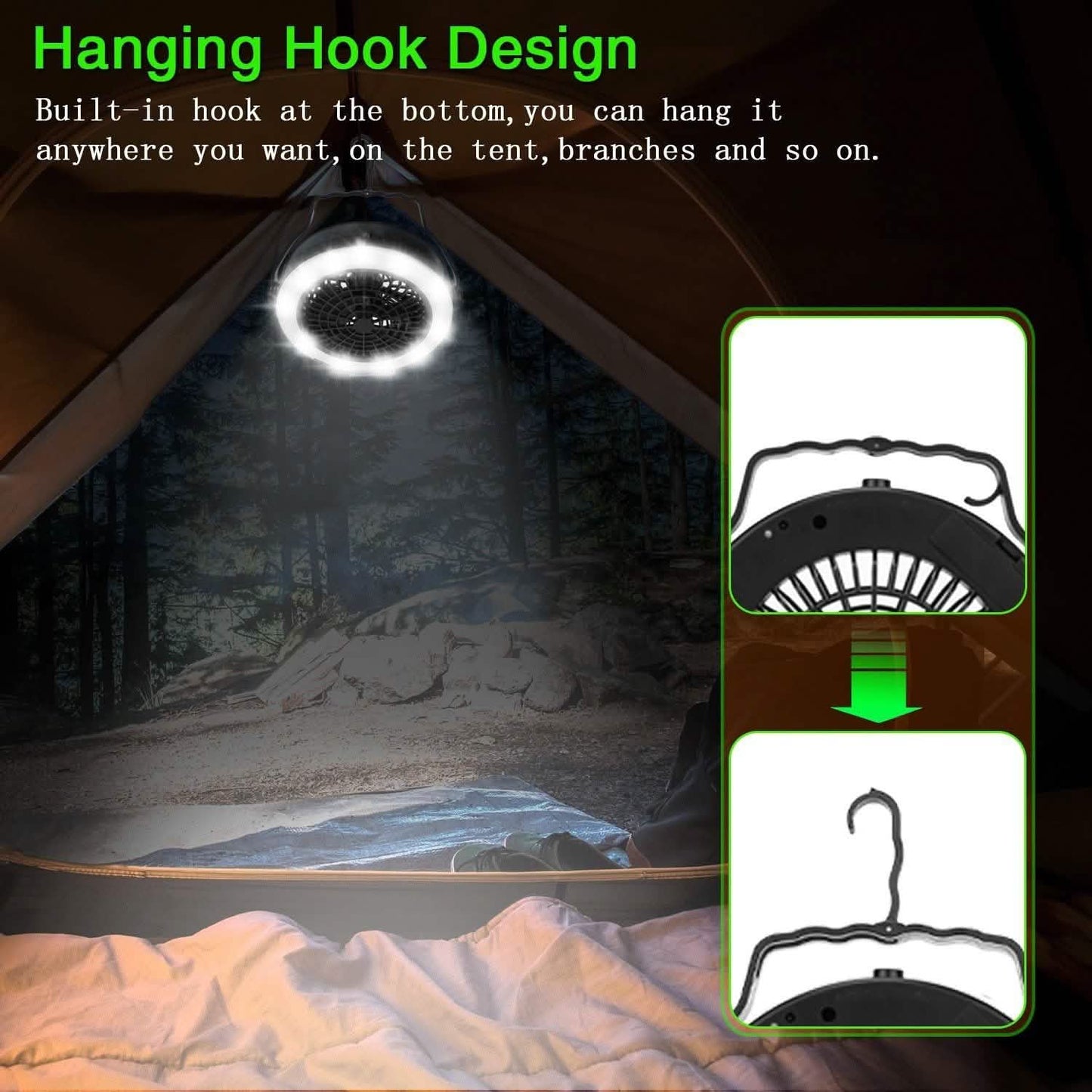 2-in-1 tragbarer Camping-LED-Ventilator, batterie-/USB-betrieben für den Außenbereich