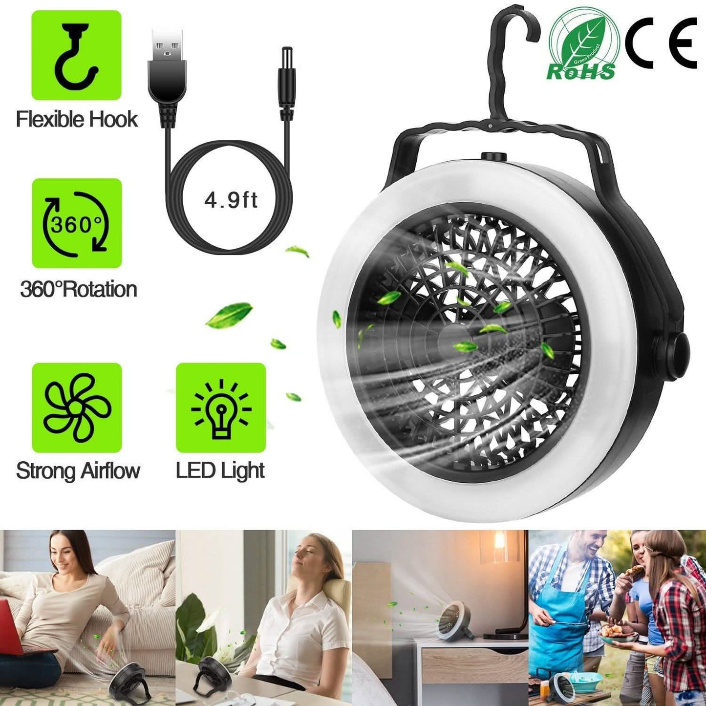 2-in-1 tragbarer Camping-LED-Ventilator, batterie-/USB-betrieben für den Außenbereich