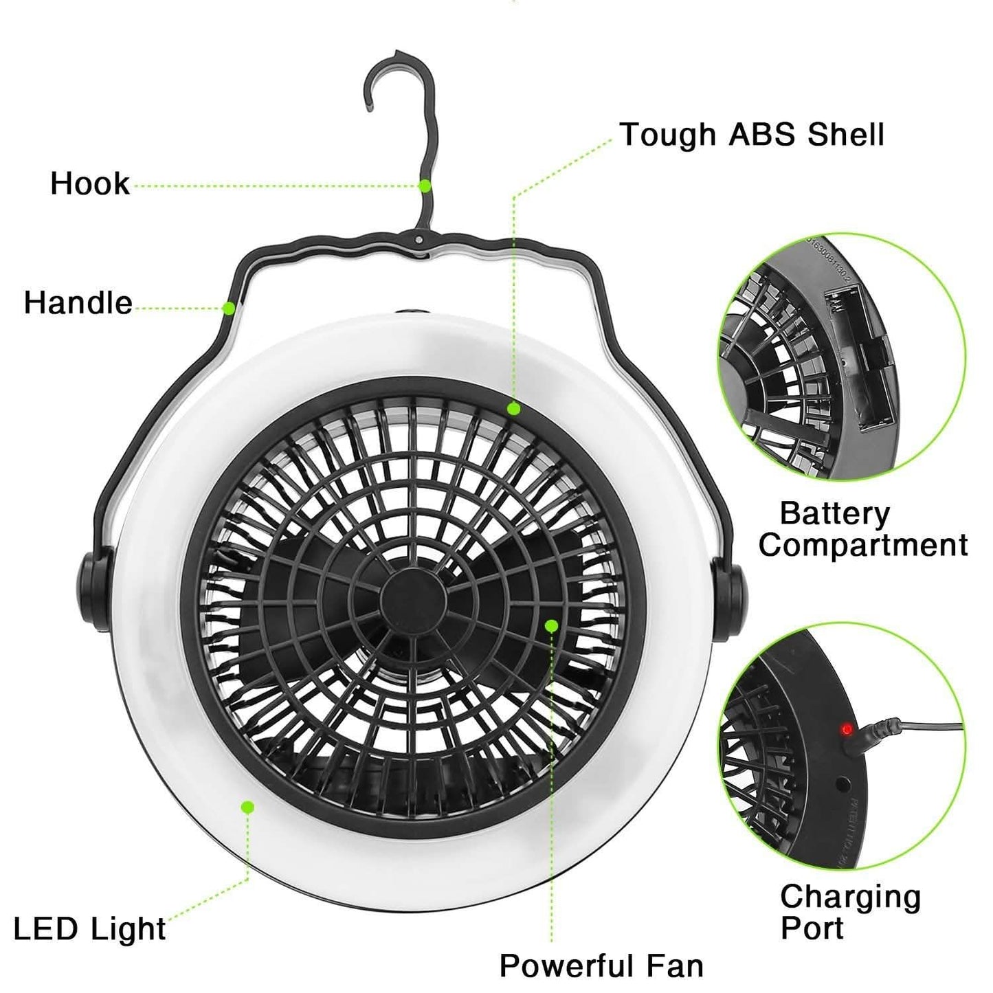 2-in-1 tragbarer Camping-LED-Ventilator, batterie-/USB-betrieben für den Außenbereich