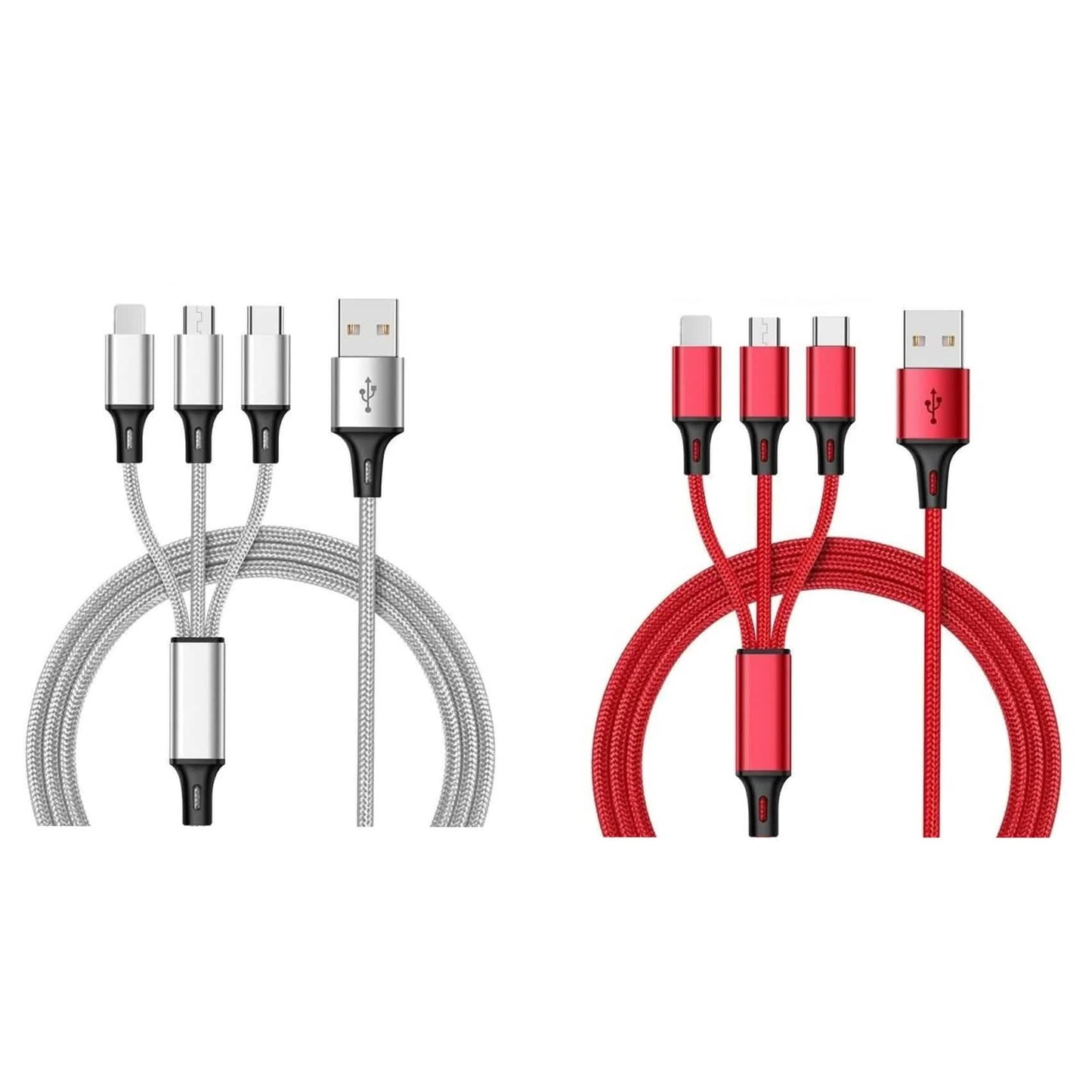 2er-Pack: 3-in-1 Nylon ummanteltes 1,2 m 3A Ladekabel